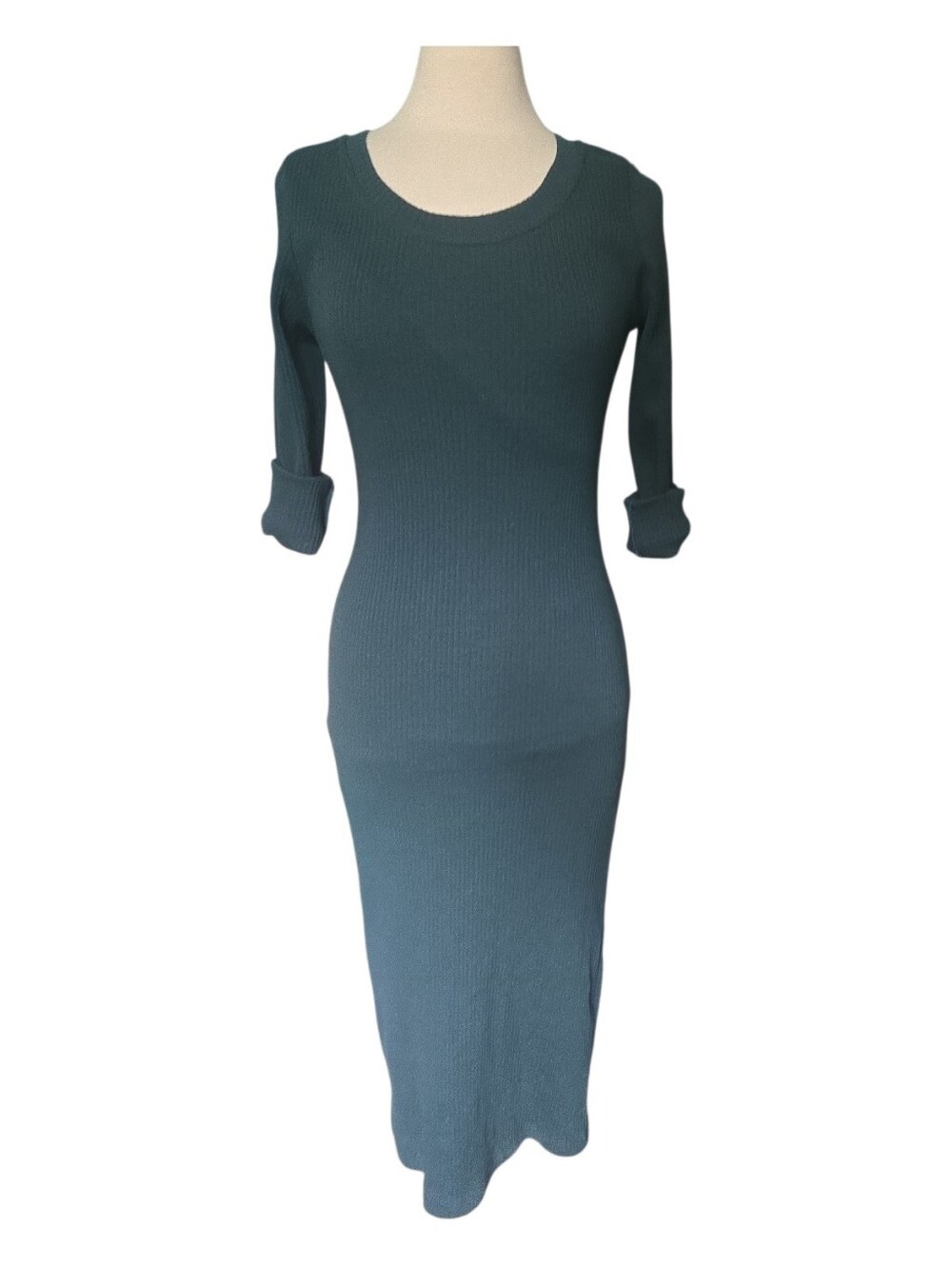VTG 80s 90s Gaccina Deep Teal Green Rib-Knit 3/4 Sleeve Sheath Dress
